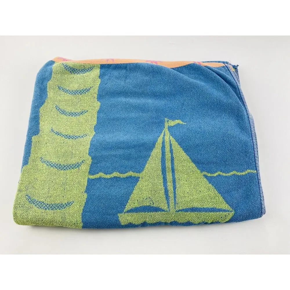 Vtg Beach Towel Palm Tree Sailboats Santens Cotton USA Large Green Blue Sunshine